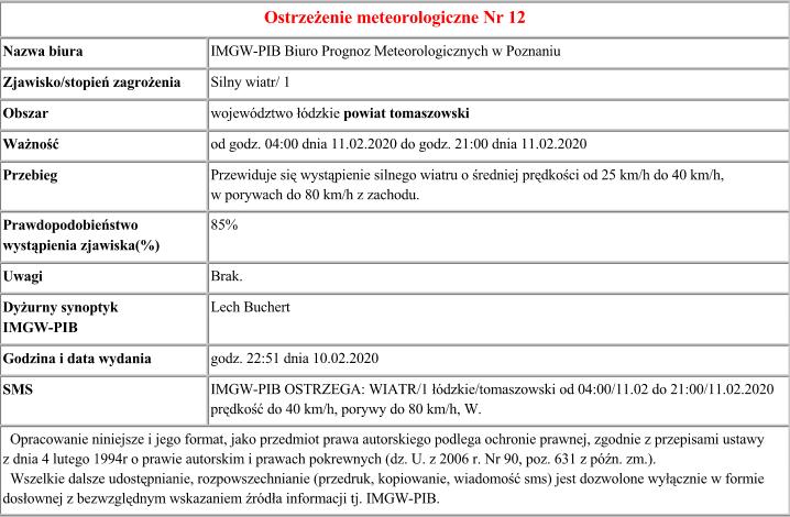 Ostrzeżenie meteo nr 12