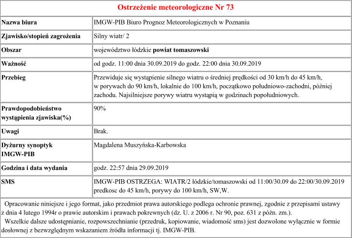 Ostrzeżenie meteo nr 73