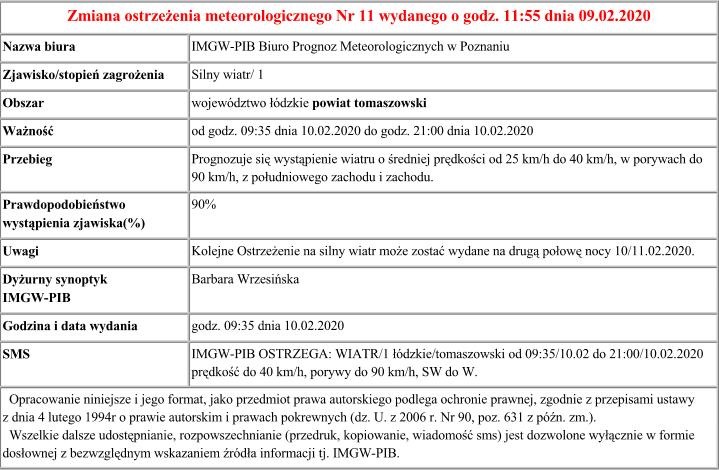 Zmian ostrzeżenia meteo nr 11