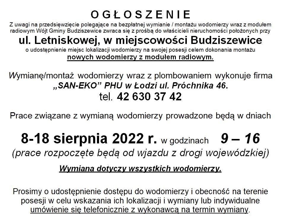 Ogłoszenie ul. Letniskowa